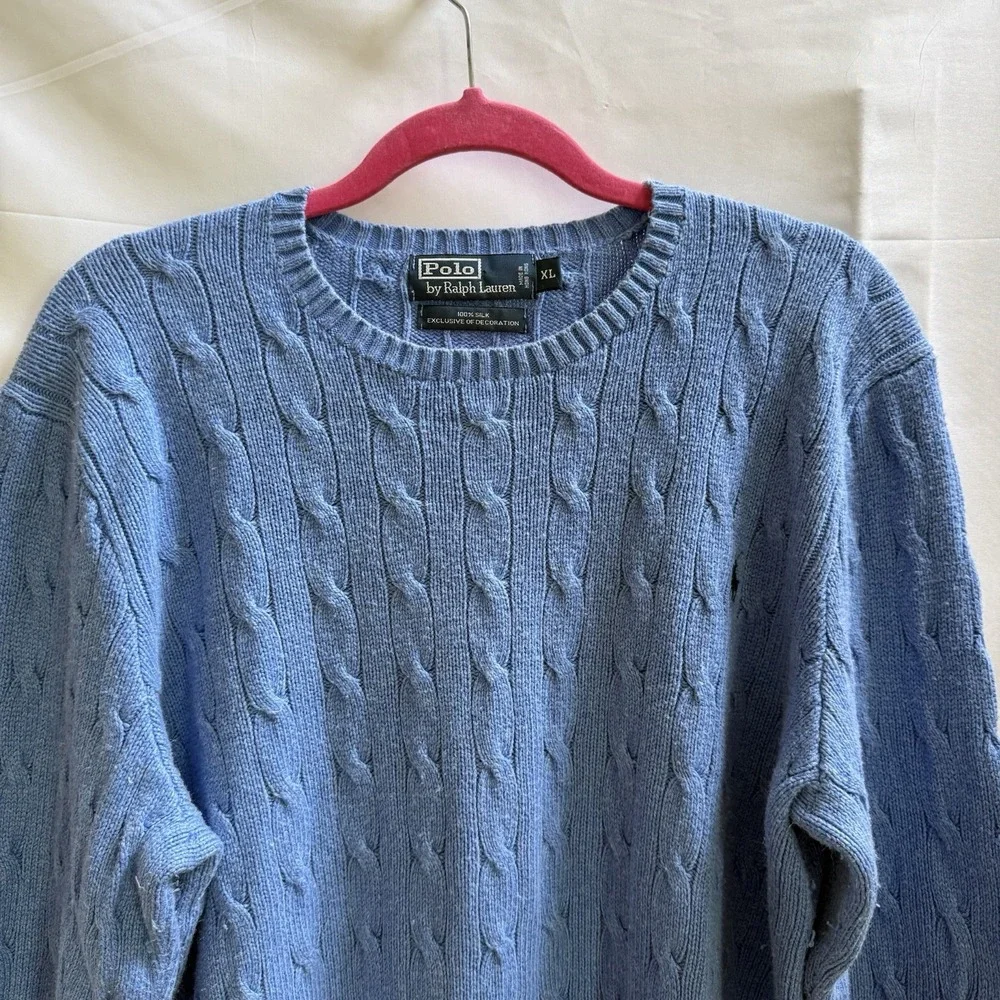 VTG 90s Mens L Blue Polo Ralph Lauren 100% Silk Cable Knit Sweater Blue Pony